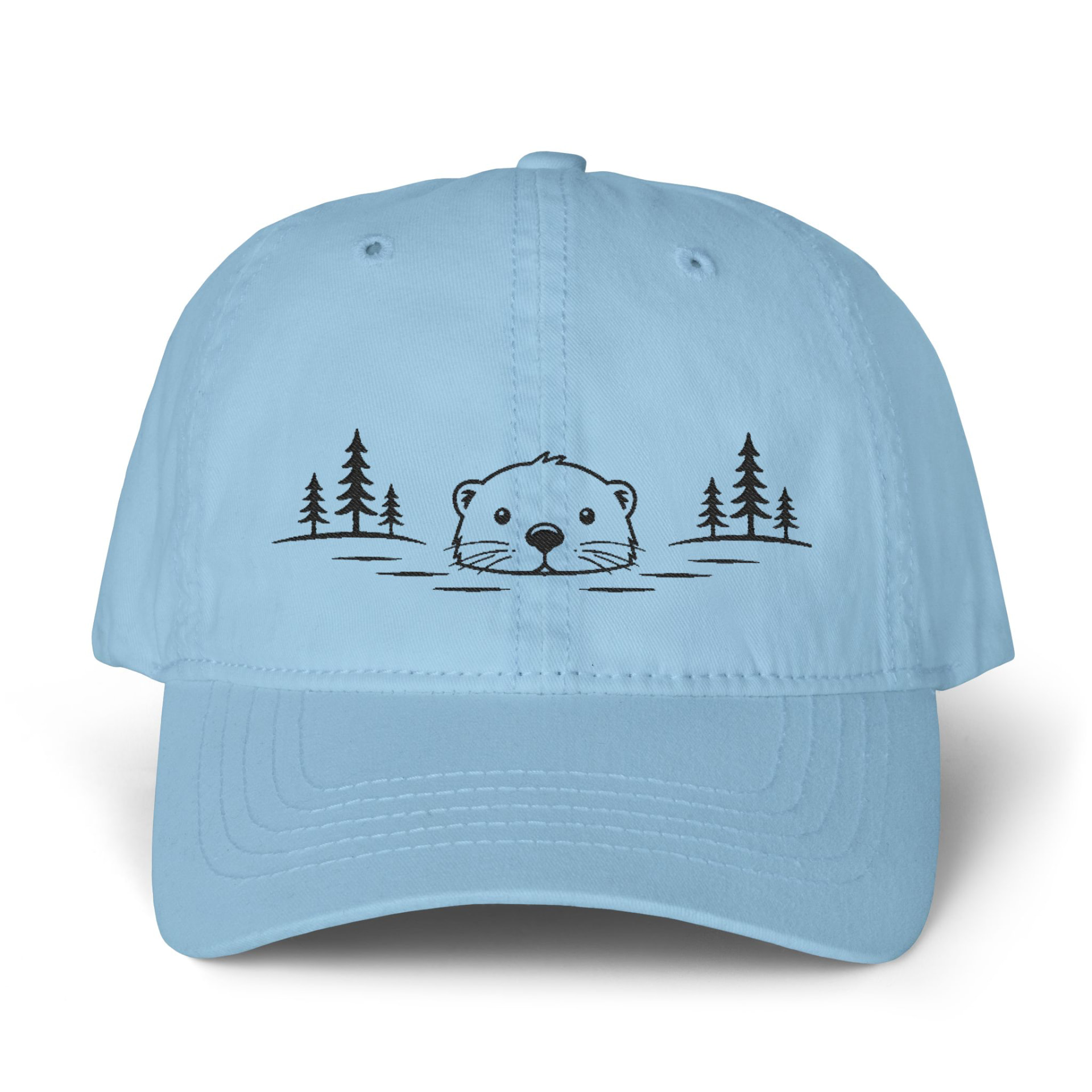 Cashmere blue cotton dad hat with a minimalist black embroidered otter between pine trees