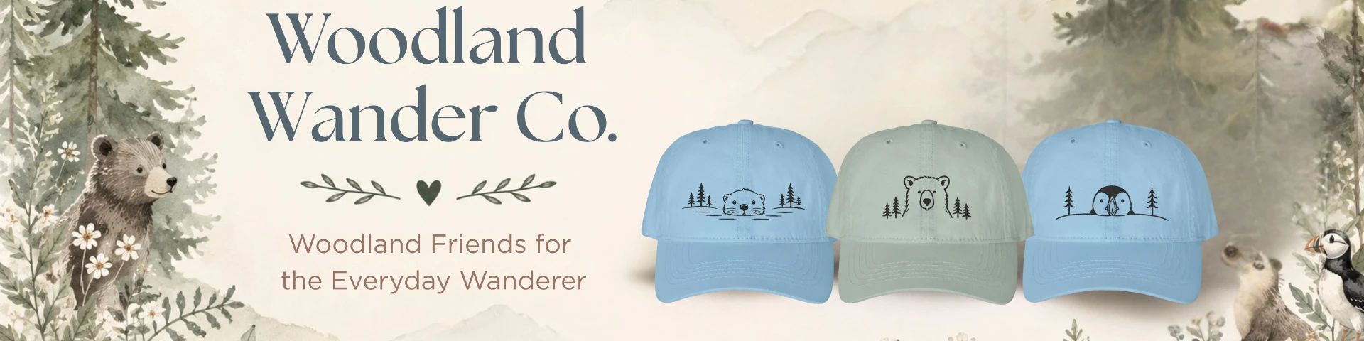Woodland Wander Co. — watercolor forest banner with the otter, bear, and puffin embroidered caps